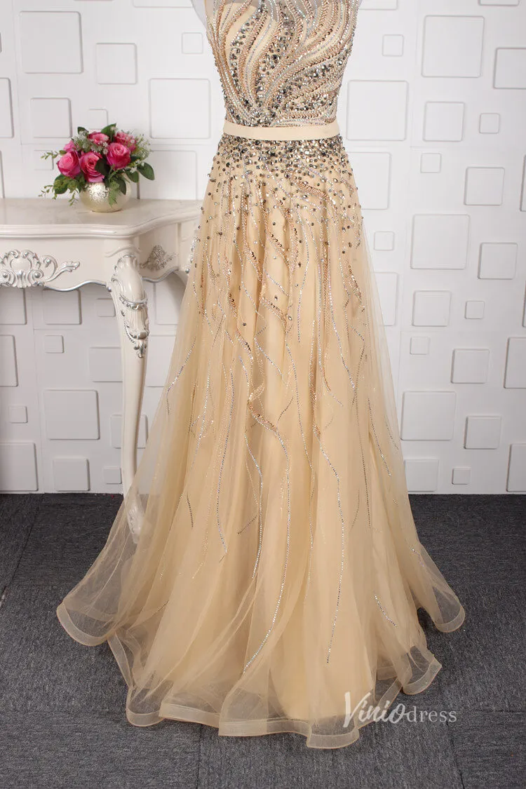 Beaded A-line Gold Prom Dress Feather Formal Evening Dress FD2672