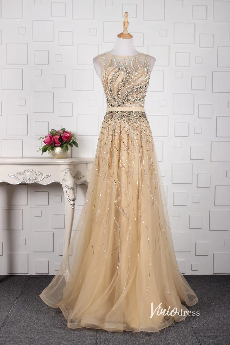 Beaded A-line Gold Prom Dress Feather Formal Evening Dress FD2672