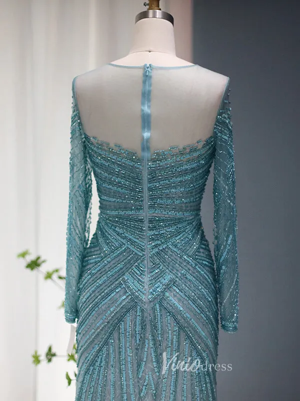 Beaded Blue Shimmer Prom Dresses Long Sleeve 1920s Evening Dress 20077