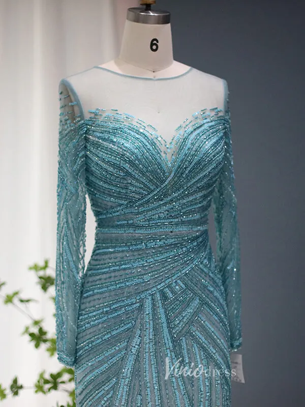 Beaded Blue Shimmer Prom Dresses Long Sleeve 1920s Evening Dress 20077