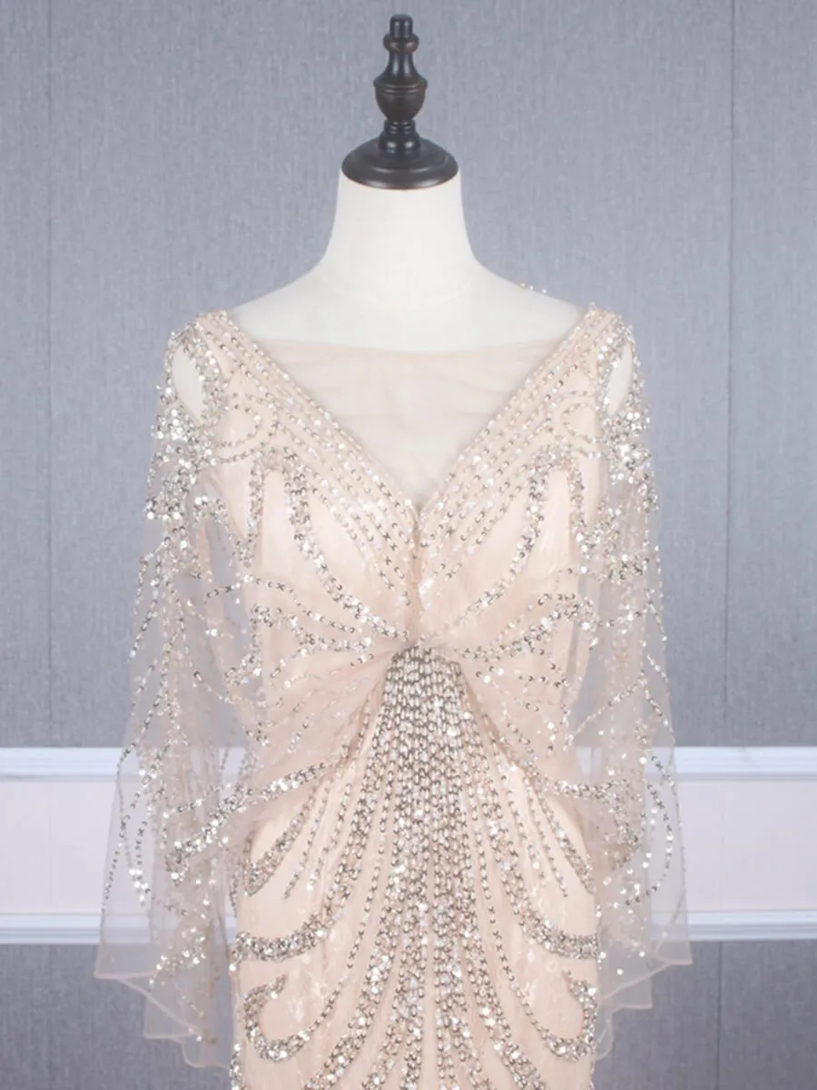 Beaded Champagne Mermaid Prom Dresses Batwing Sleeve FD2469