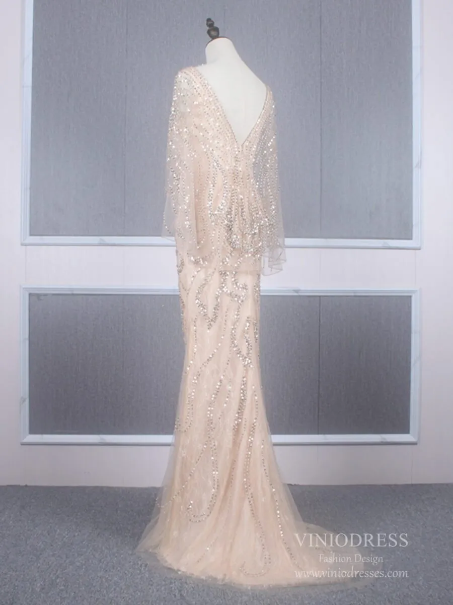 Beaded Champagne Mermaid Prom Dresses Batwing Sleeve FD2469