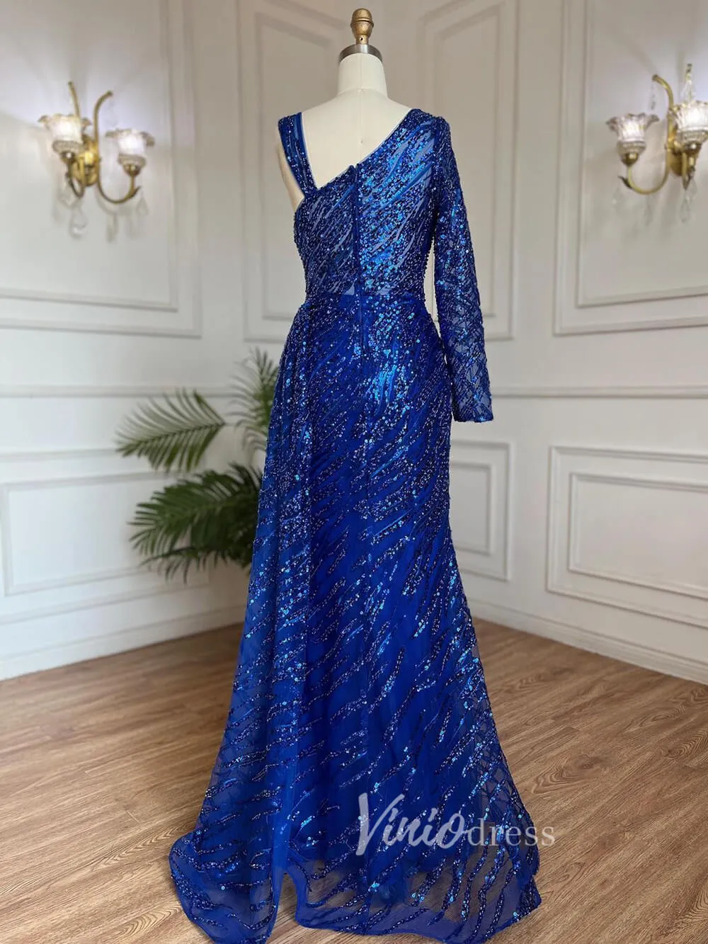 Beaded Evening Dress One Shoulder Long Sleeve Mermaid Prom Dresses 20034