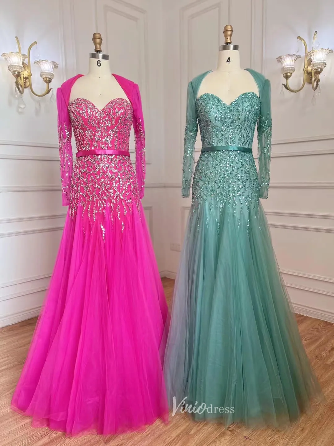 Beaded Fuchsia Evening Dresses Open Back Green Prom Dress 20060