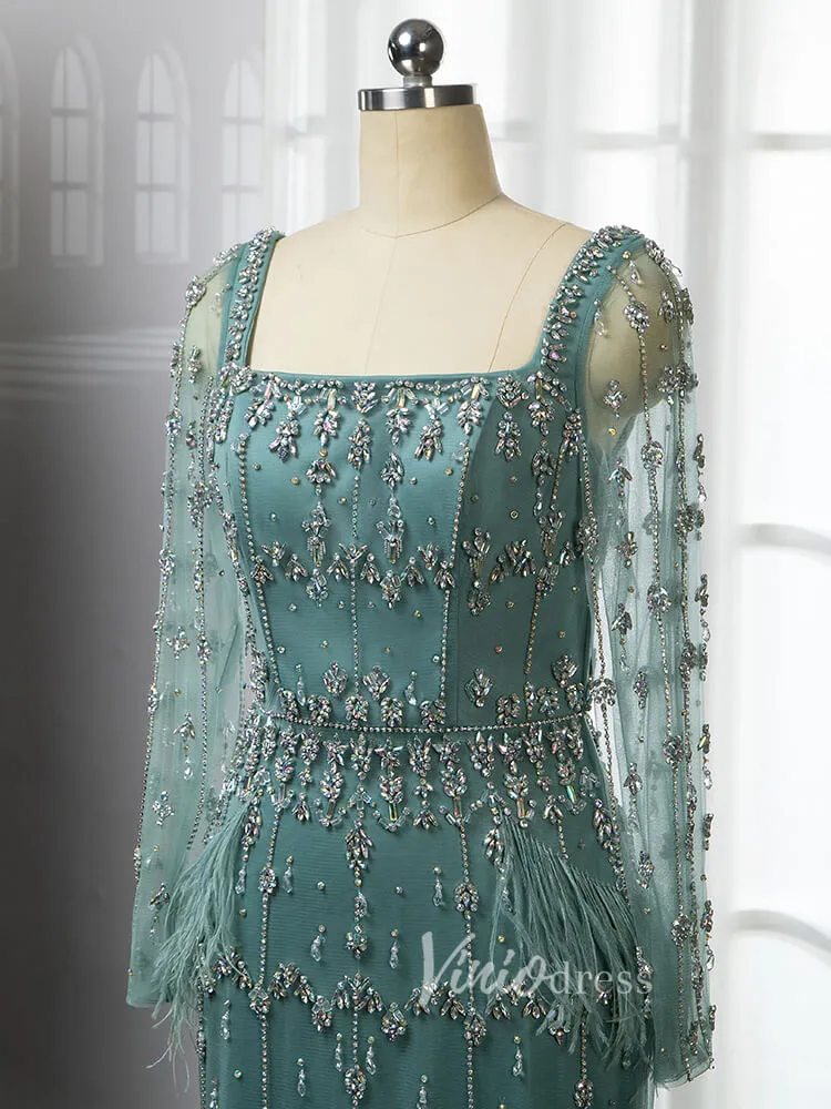 Beaded Green Evening Gown Long Sleeve Sheath Formal Dress Square Neck 20021