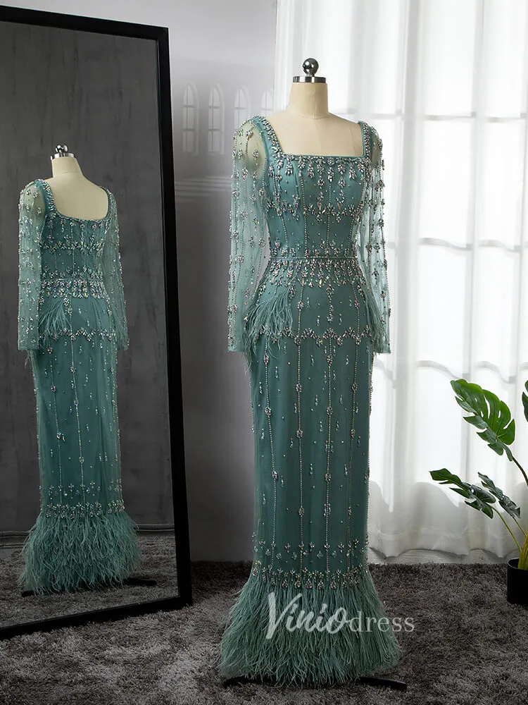 Beaded Green Evening Gown Long Sleeve Sheath Formal Dress Square Neck 20021