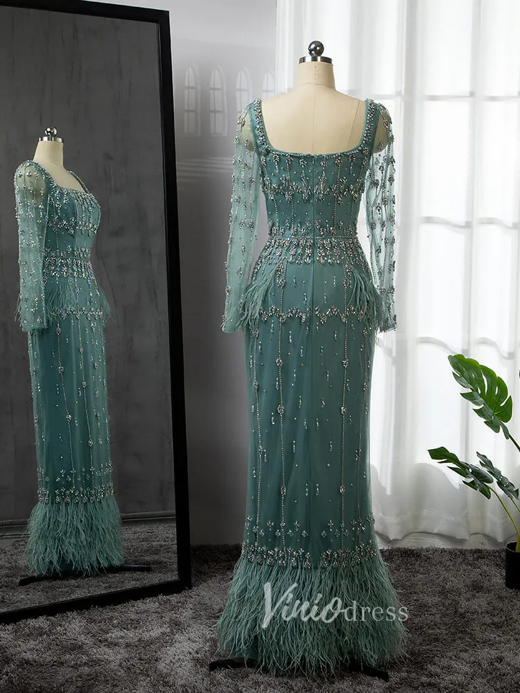 Beaded Green Evening Gown Long Sleeve Sheath Formal Dress Square Neck 20021