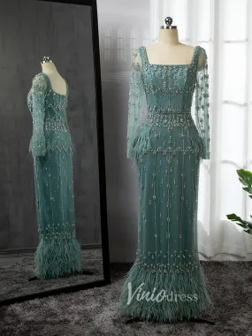 Beaded Green Evening Gown Long Sleeve Sheath Formal Dress Square Neck 20021