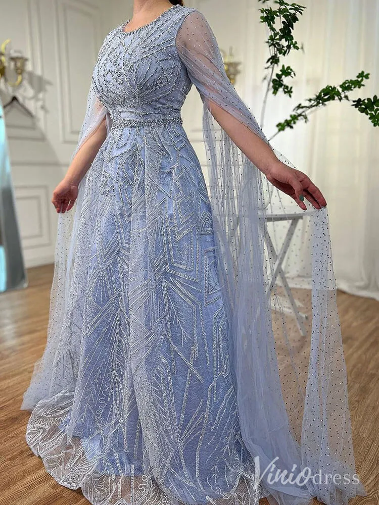 Beaded Lace Cape Sleeve Prom Dresses A-Line Boat Neck Pageant Dress AD1259