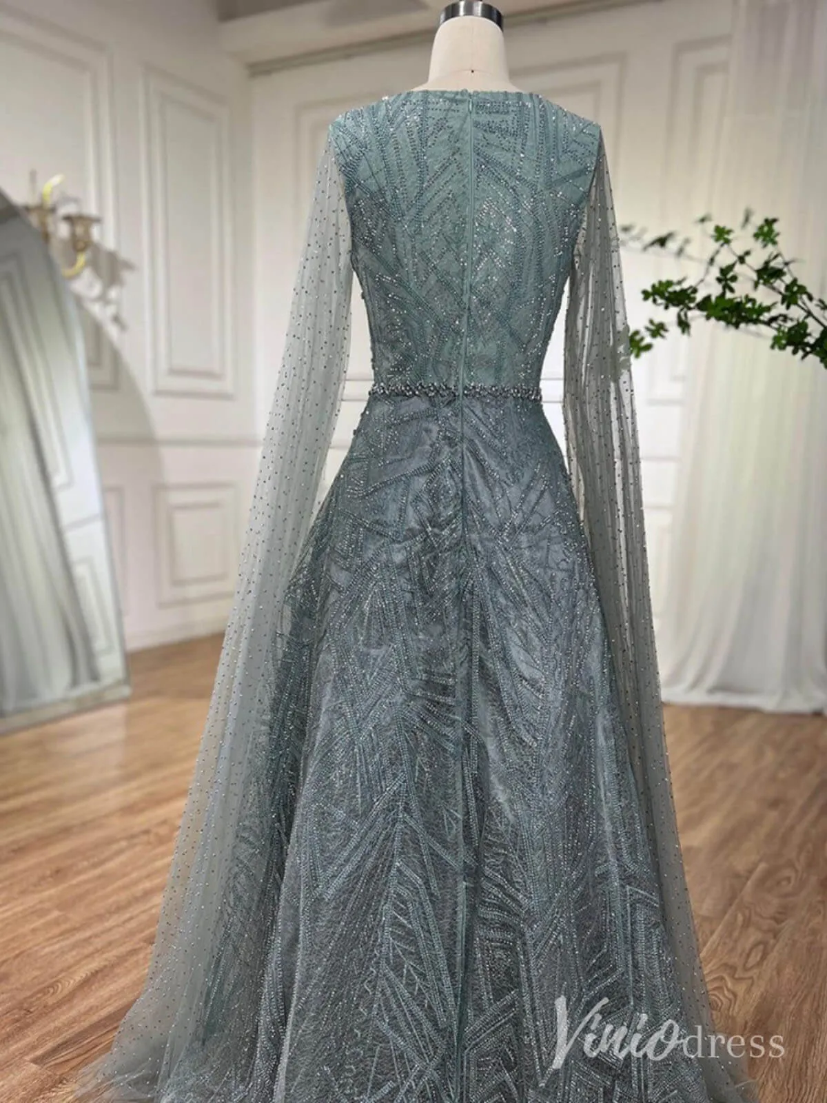 Beaded Lace Cape Sleeve Prom Dresses A-Line Boat Neck Pageant Dress AD1259