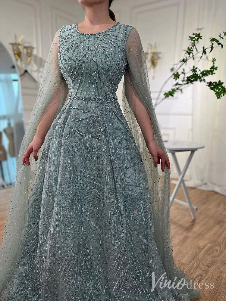 Beaded Lace Cape Sleeve Prom Dresses A-Line Boat Neck Pageant Dress AD1259