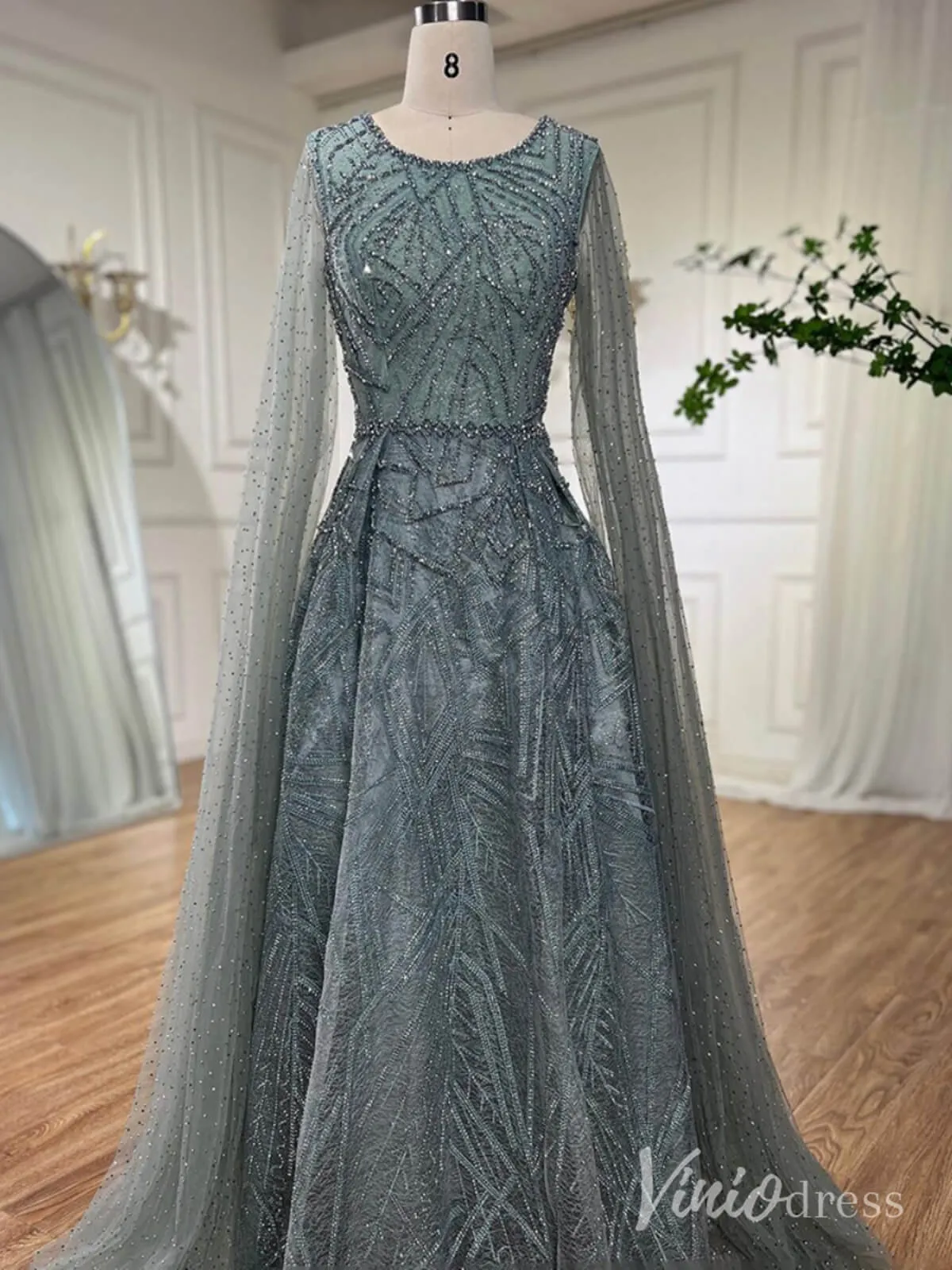 Beaded Lace Cape Sleeve Prom Dresses A-Line Boat Neck Pageant Dress AD1259