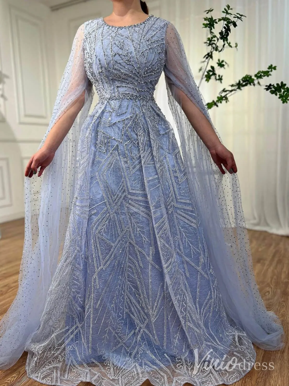 Beaded Lace Cape Sleeve Prom Dresses A-Line Boat Neck Pageant Dress AD1259