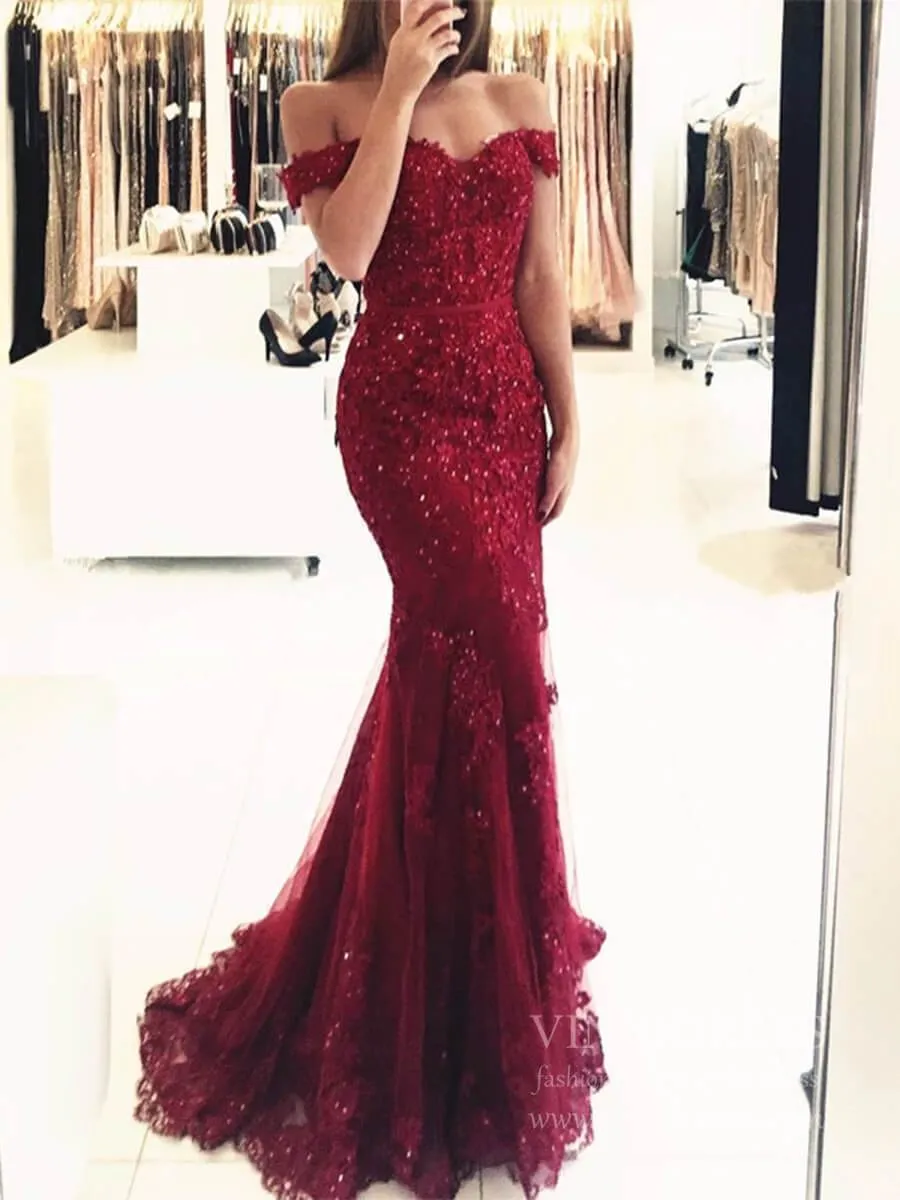 Beaded Lace Mermaid Long Prom Dresses Off the Shoulder Formal Dress FD1698