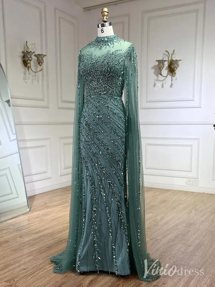 Beaded Lace Sheath Prom Dresses Extra Long Sleeve High Neck Mother of the Bride Dress AD1230