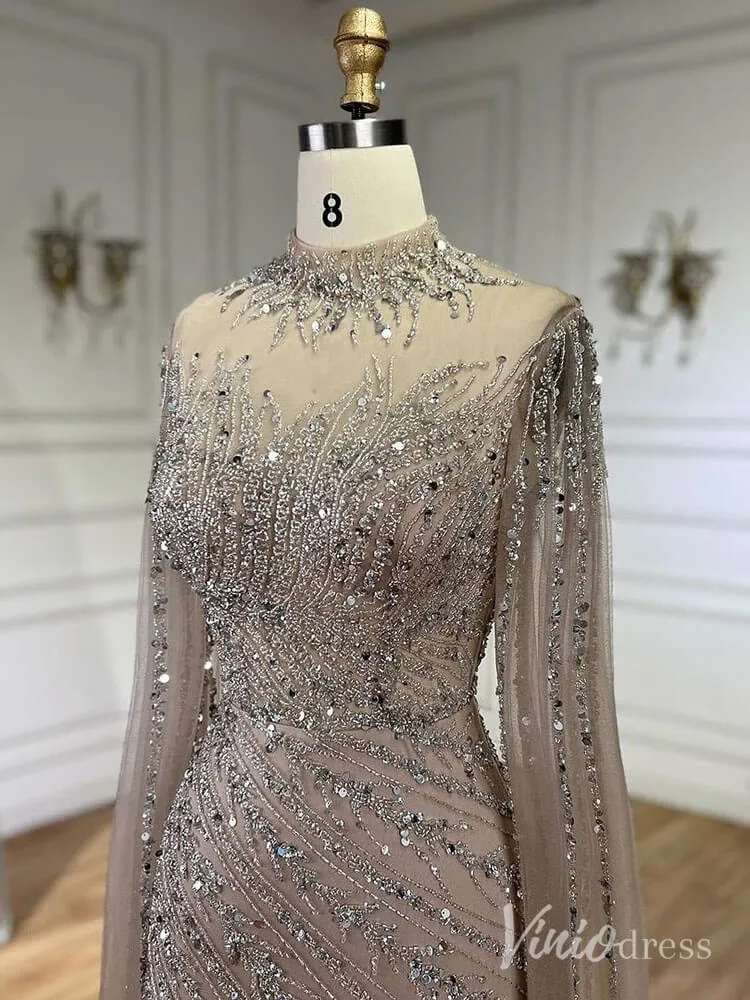 Beaded Lace Sheath Prom Dresses Extra Long Sleeve High Neck Mother of the Bride Dress AD1230