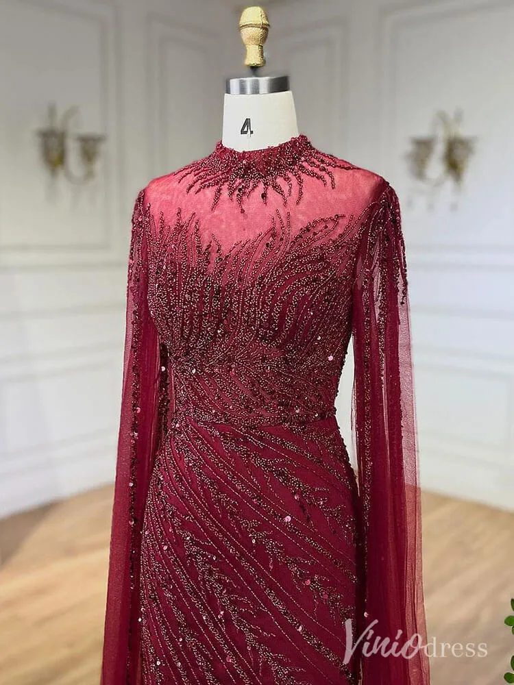 Beaded Lace Sheath Prom Dresses Extra Long Sleeve High Neck Mother of the Bride Dress AD1230