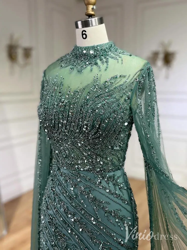 Beaded Lace Sheath Prom Dresses Extra Long Sleeve High Neck Mother of the Bride Dress AD1230