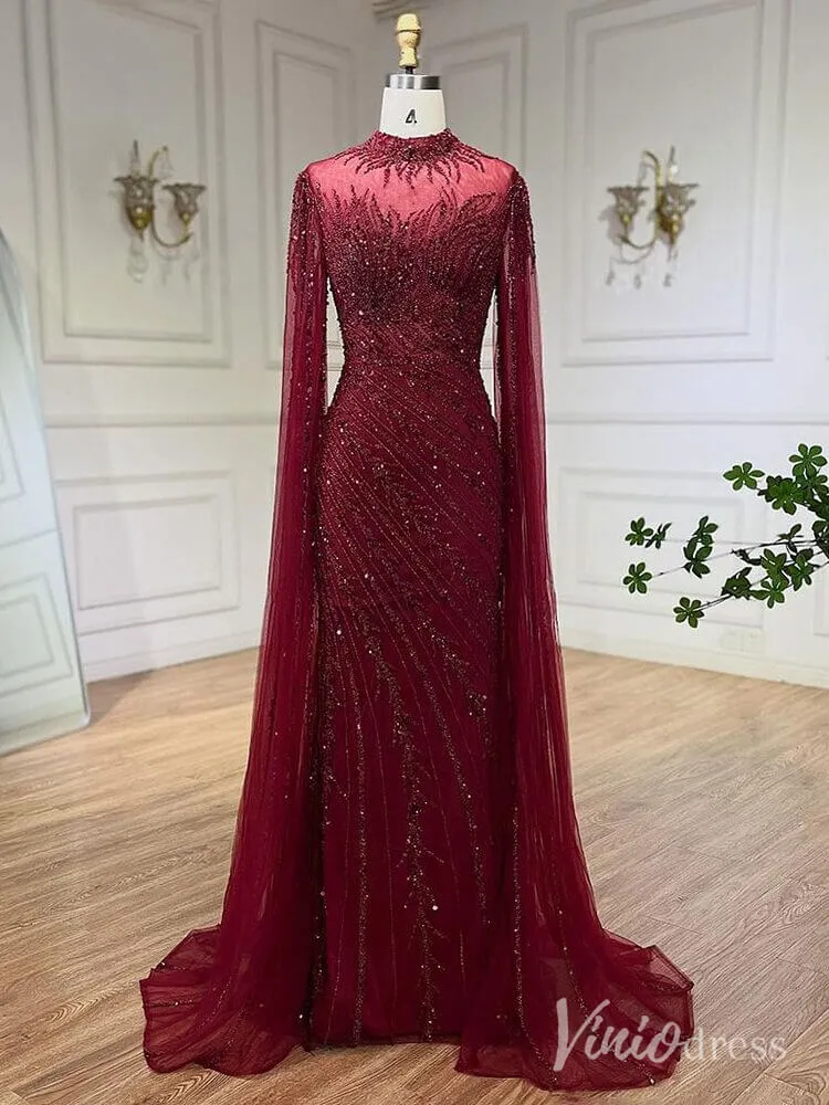 Beaded Lace Sheath Prom Dresses Extra Long Sleeve High Neck Mother of the Bride Dress AD1230