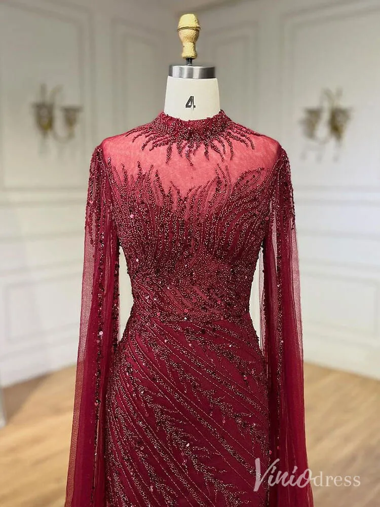 Beaded Lace Sheath Prom Dresses Extra Long Sleeve High Neck Mother of the Bride Dress AD1230