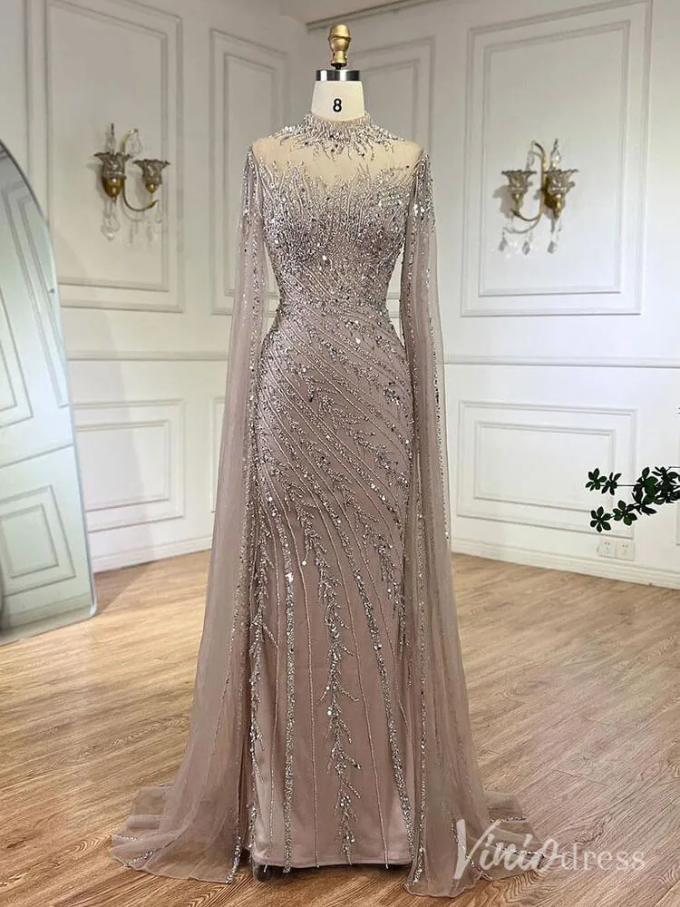 Beaded Lace Sheath Prom Dresses Extra Long Sleeve High Neck Mother of the Bride Dress AD1230