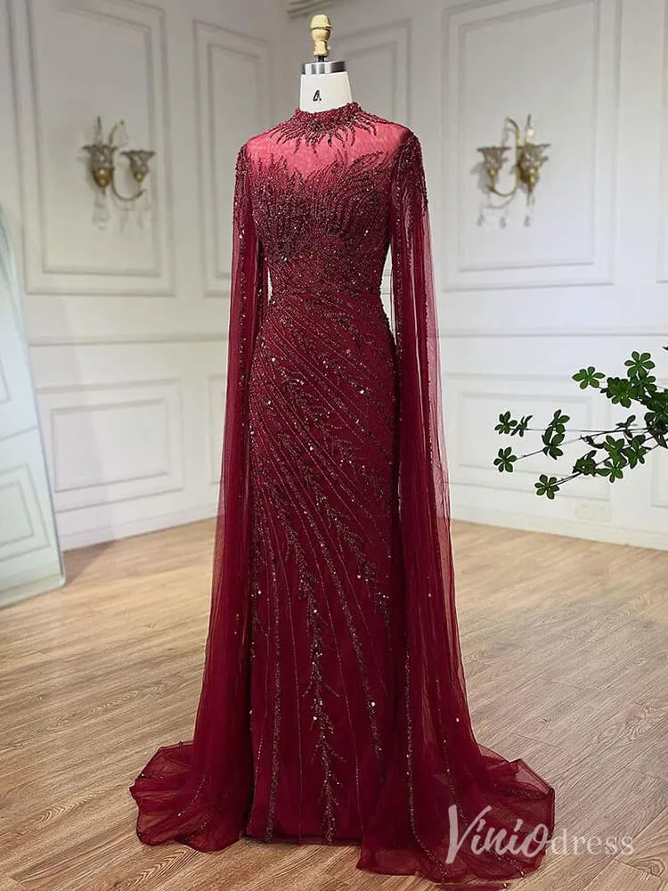 Beaded Lace Sheath Prom Dresses Extra Long Sleeve High Neck Mother of the Bride Dress AD1230