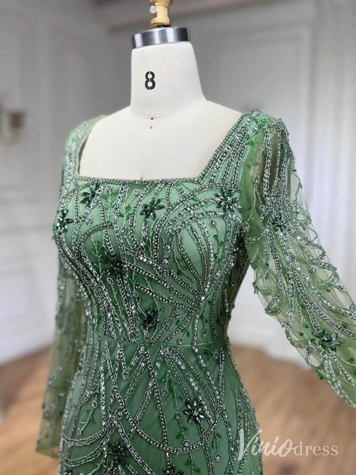 Beaded Mermaid Long Sleeve Prom Dresses Square Neck Pageant Dress AD1248