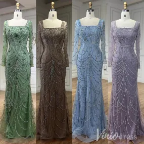 Beaded Mermaid Long Sleeve Prom Dresses Square Neck Pageant Dress AD1248