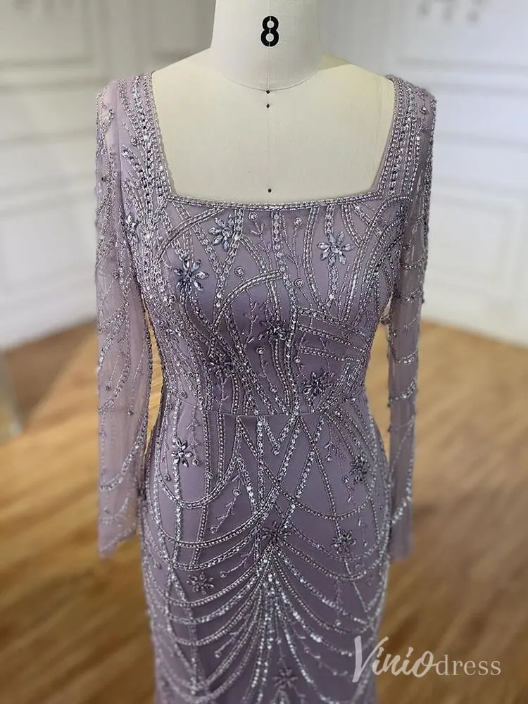 Beaded Mermaid Long Sleeve Prom Dresses Square Neck Pageant Dress AD1248