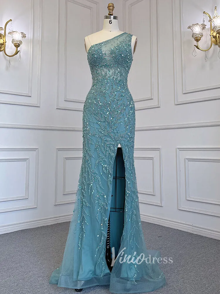 Beaded One Shoulder Prom Dresses with Slit Sheath Evening Gowns 20016