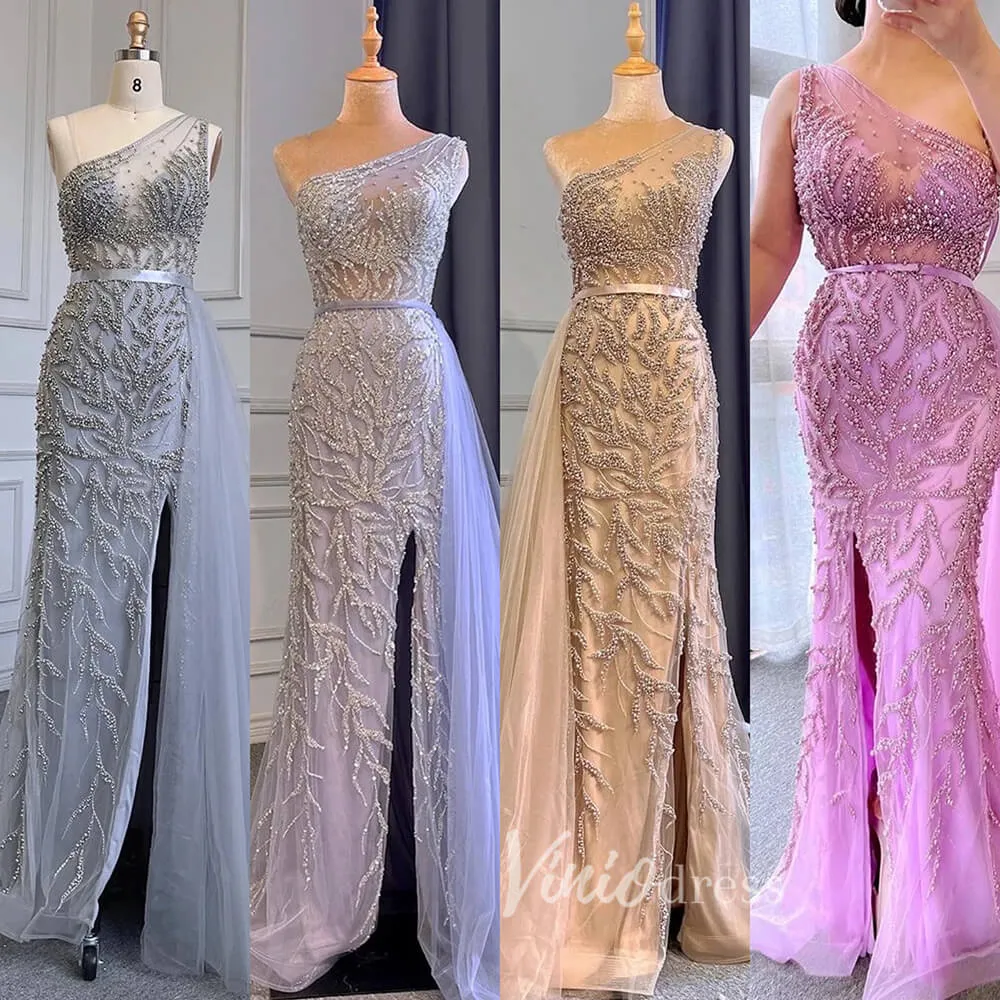 Beaded One Shoulder Prom Dresses with Slit Sheath Evening Gowns 20016