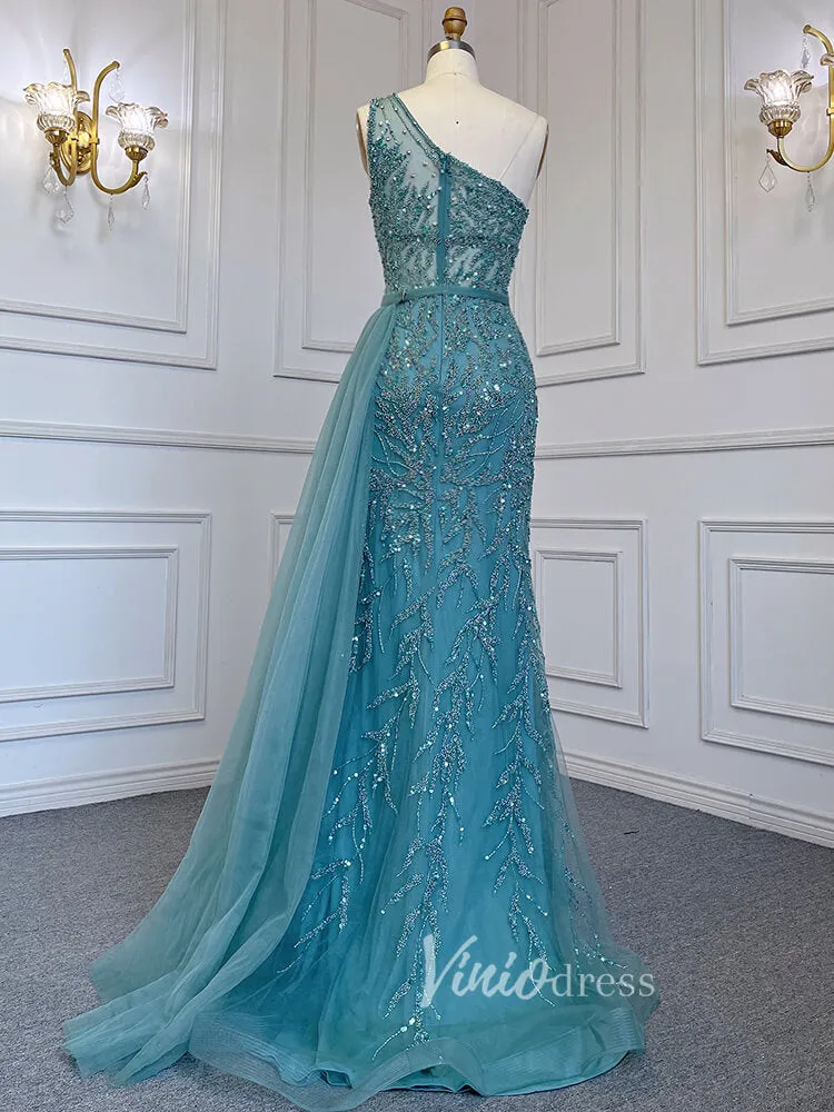 Beaded One Shoulder Prom Dresses with Slit Sheath Evening Gowns 20016