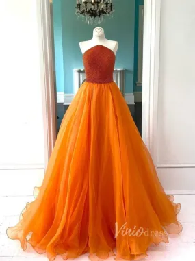 Beaded Orange Long Prom Dresses Strapless Formal Gown FD1797