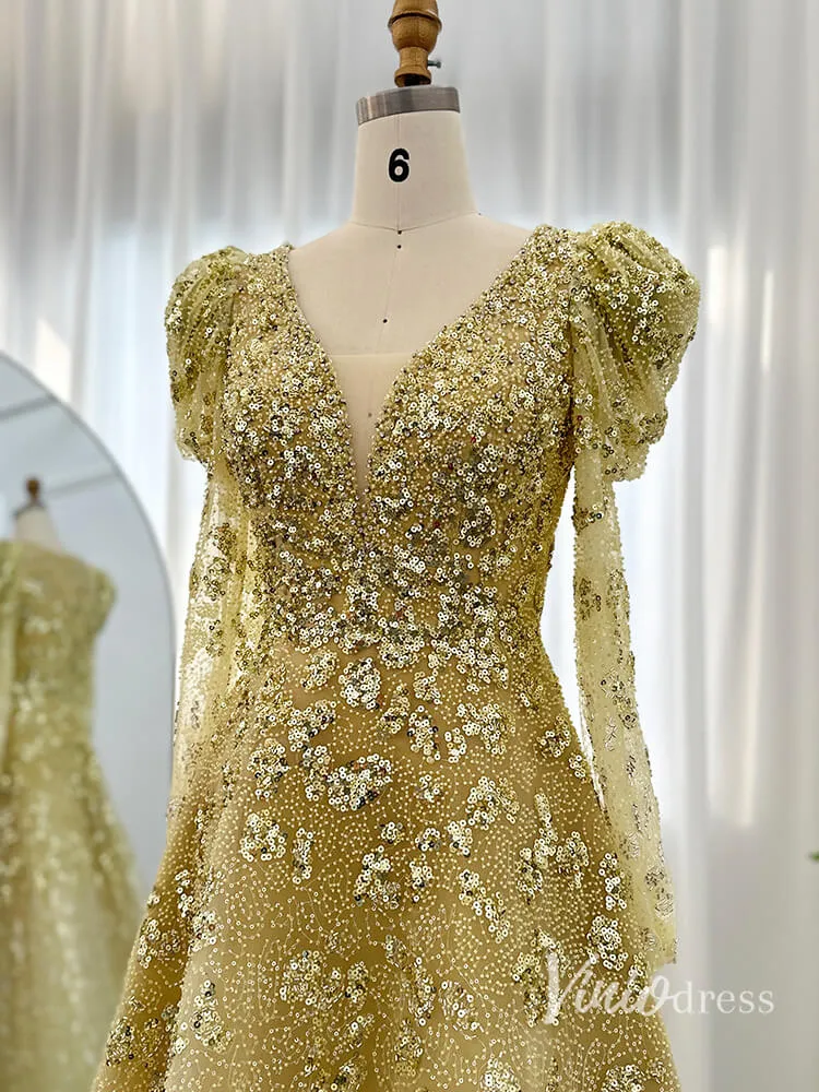 Beaded Sequin Long Sleeve Evening Dresses A-Line V-Neck Pageant Dress AD1157