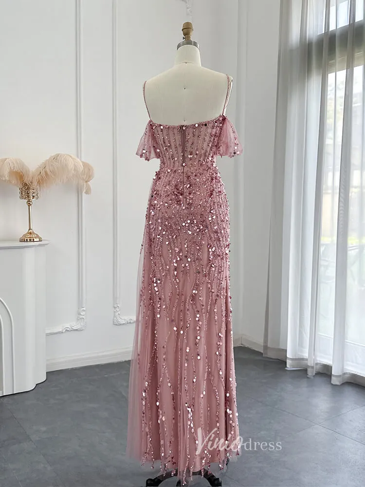 Beaded Shimmer Prom Dresses with Slit Spaghetti Strap 20s Evening Dress 20075