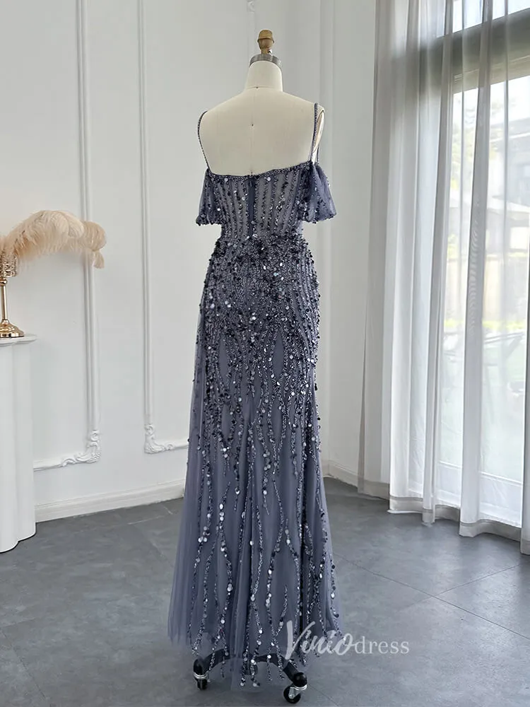 Beaded Shimmer Prom Dresses with Slit Spaghetti Strap 20s Evening Dress 20075