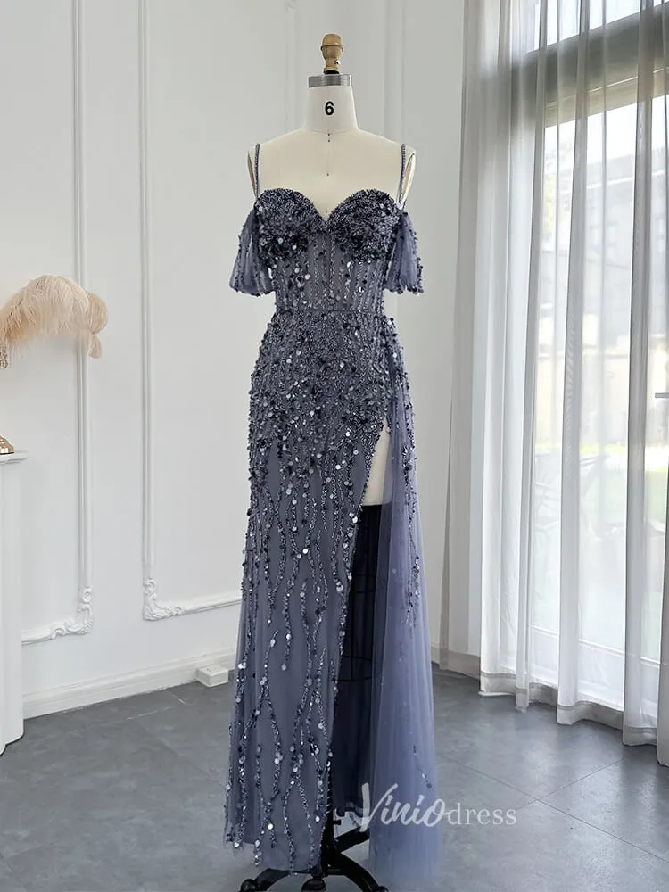 Beaded Shimmer Prom Dresses with Slit Spaghetti Strap 20s Evening Dress 20075