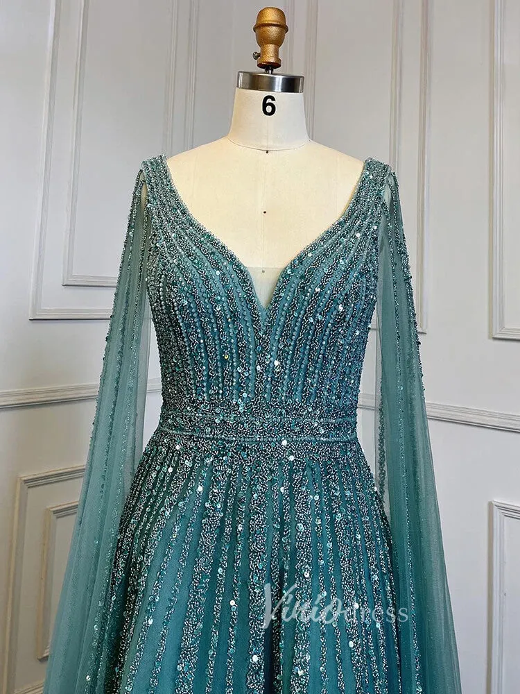 Beaded V-neck Prom Dresses Cape Sleeve Pageant Gowns 20017