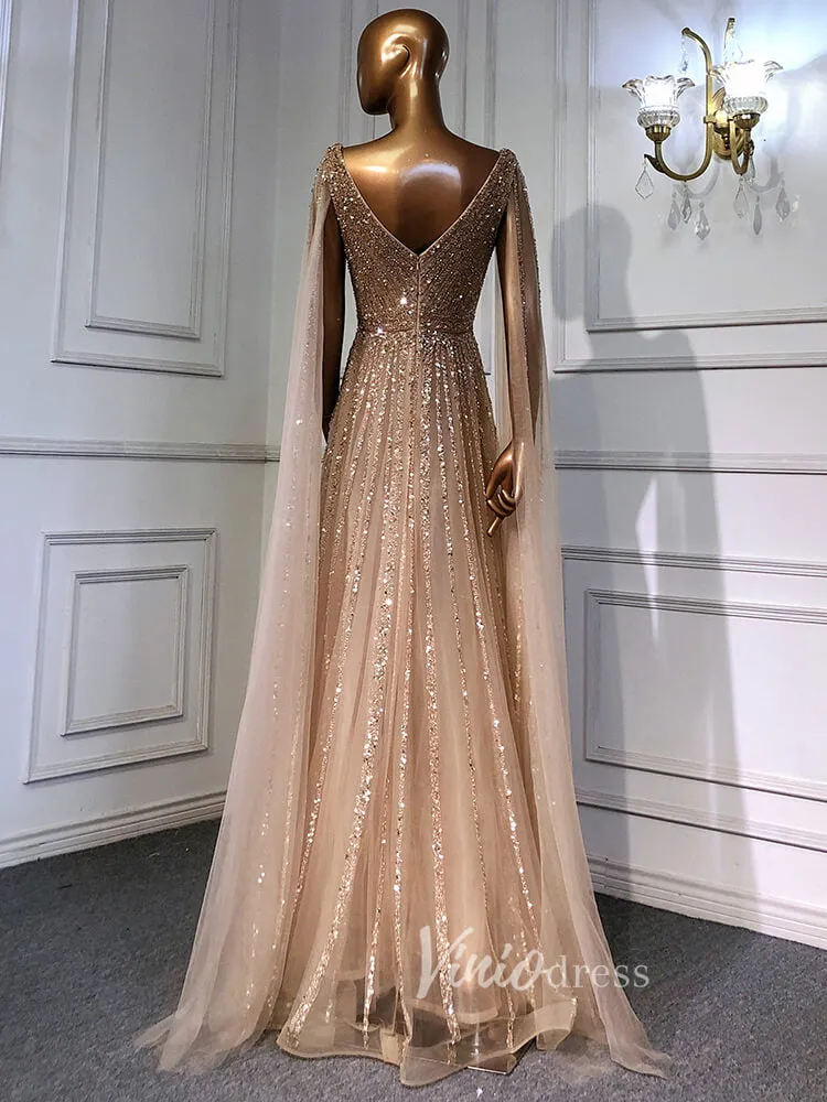 Beaded V-neck Prom Dresses Cape Sleeve Pageant Gowns 20017