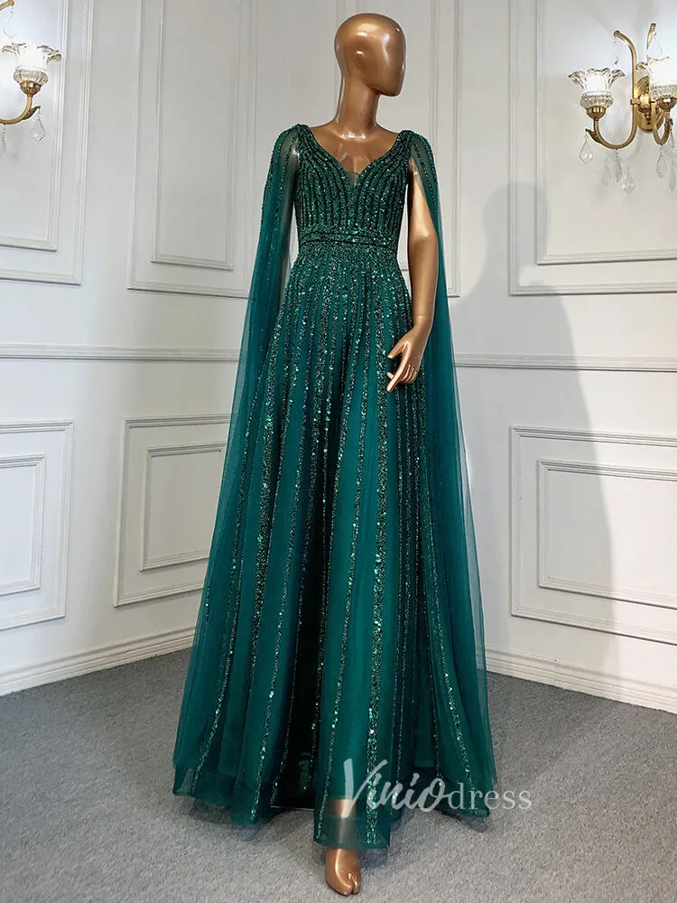 Beaded V-neck Prom Dresses Cape Sleeve Pageant Gowns 20017