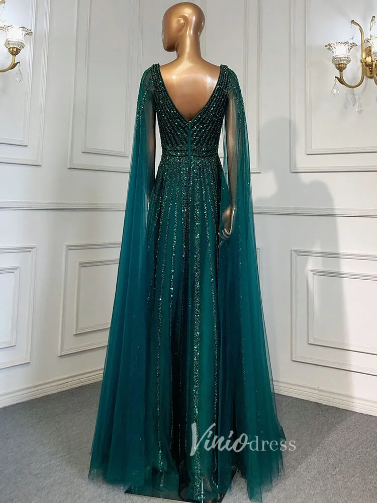 Beaded V-neck Prom Dresses Cape Sleeve Pageant Gowns 20017