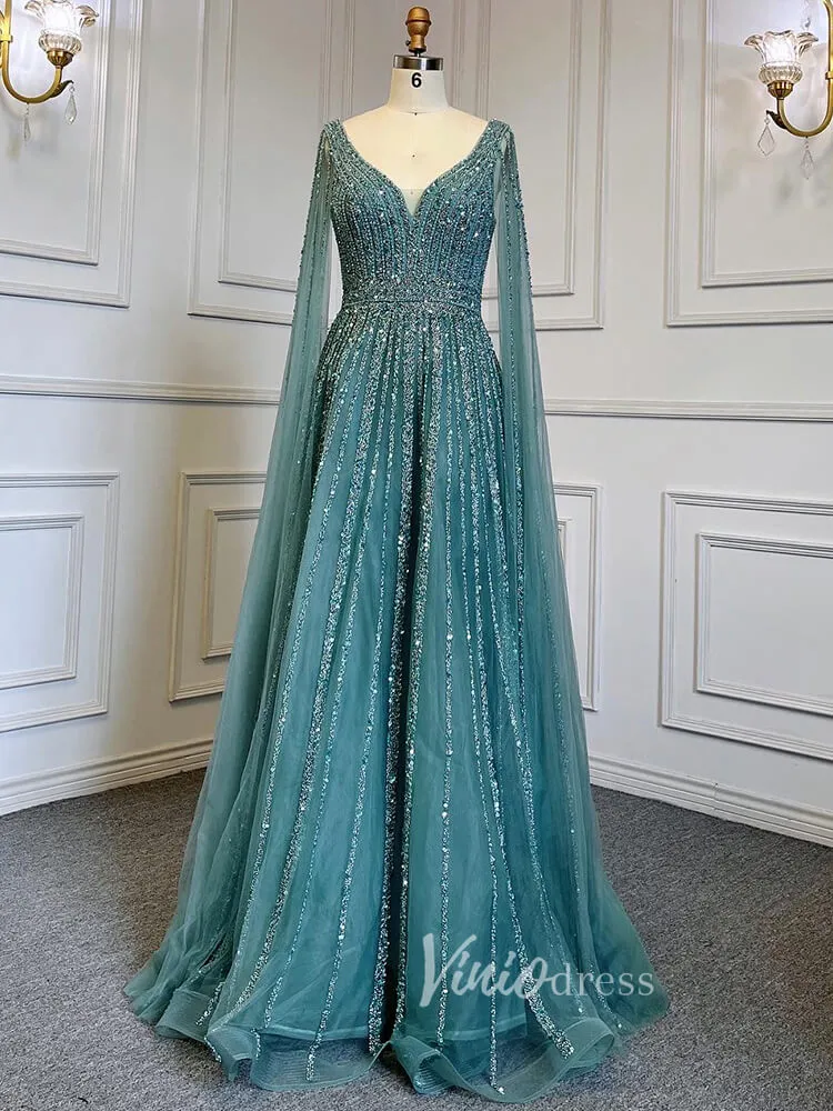 Beaded V-neck Prom Dresses Cape Sleeve Pageant Gowns 20017