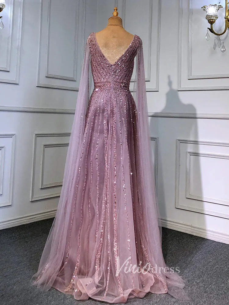 Beaded V-neck Prom Dresses Cape Sleeve Pageant Gowns 20017