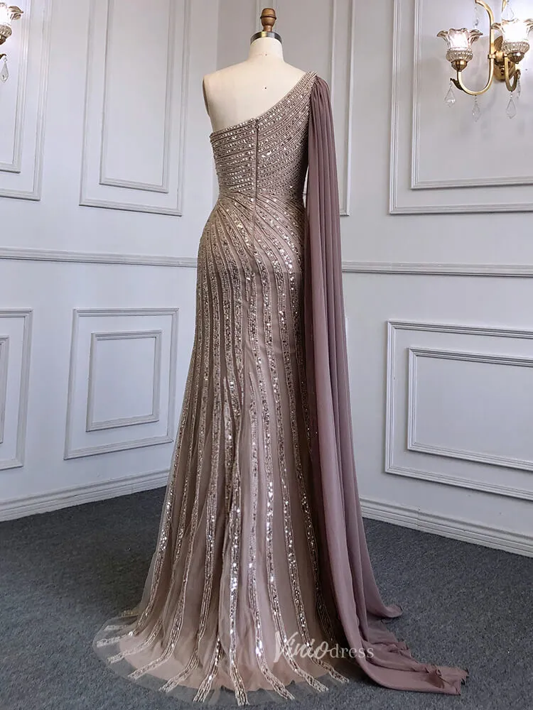 Beaded Watteau Train Evening Dresses with Slit One Shoulder Prom Dress 20050