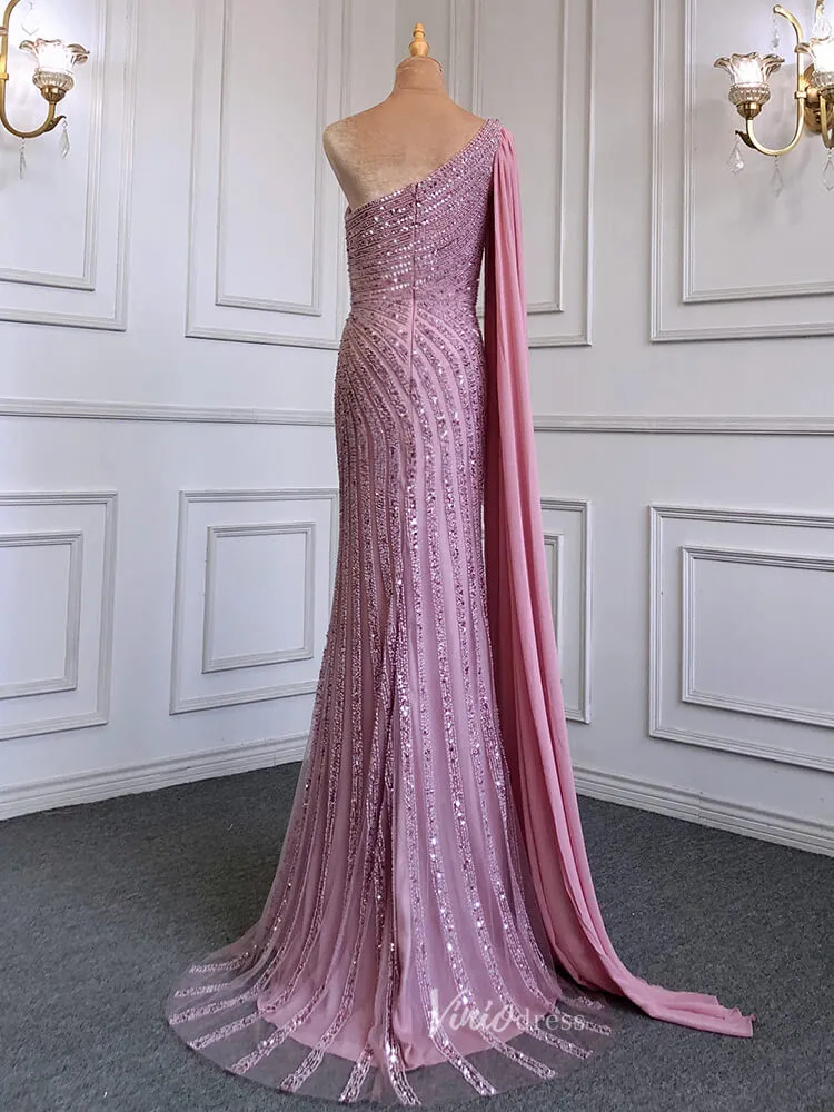 Beaded Watteau Train Evening Dresses with Slit One Shoulder Prom Dress 20050