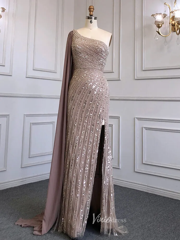 Beaded Watteau Train Evening Dresses with Slit One Shoulder Prom Dress 20050