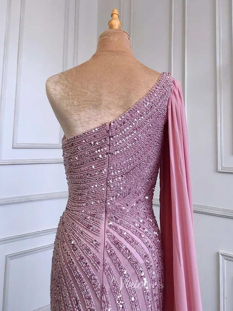 Beaded Watteau Train Evening Dresses with Slit One Shoulder Prom Dress 20050