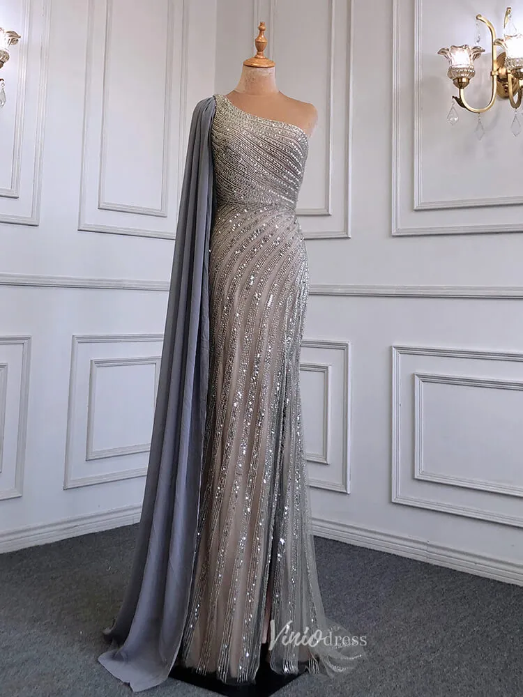 Beaded Watteau Train Evening Dresses with Slit One Shoulder Prom Dress 20050