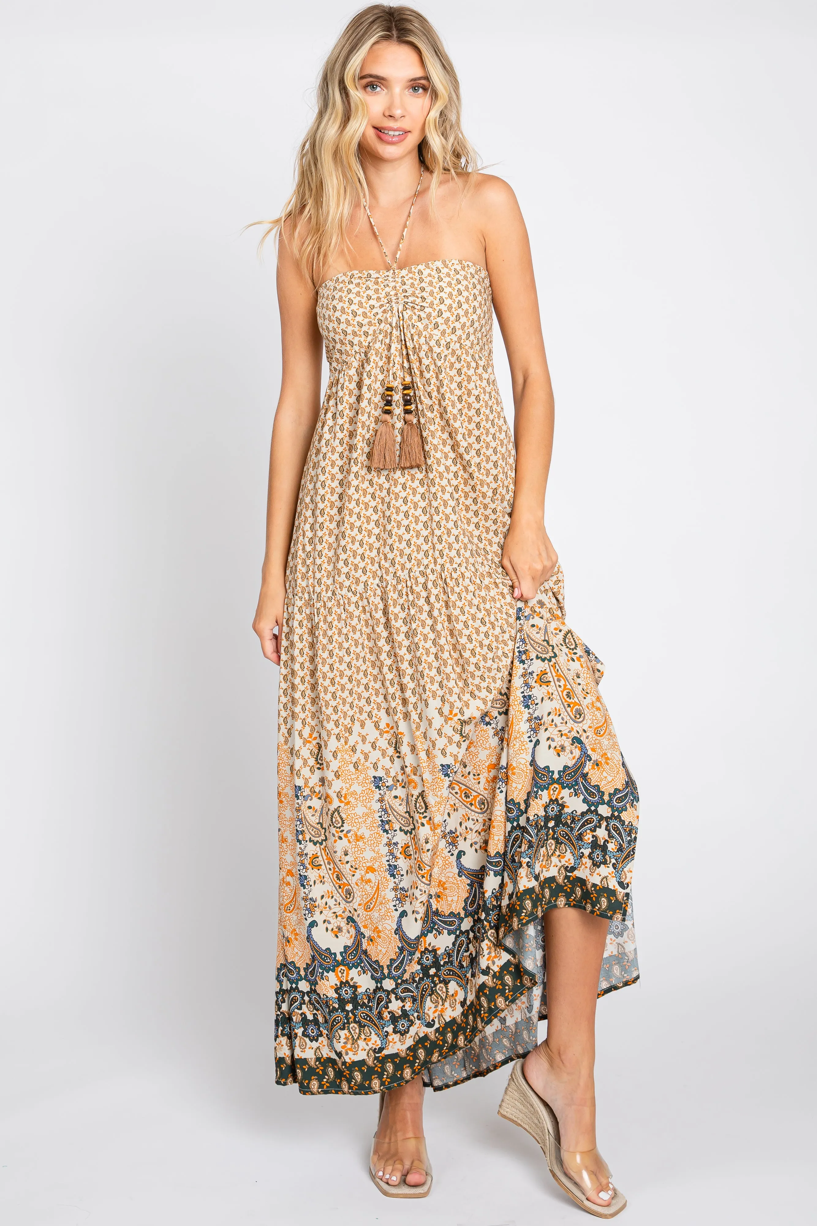 Beige Floral Paisley Halter Maternity Maxi Dress