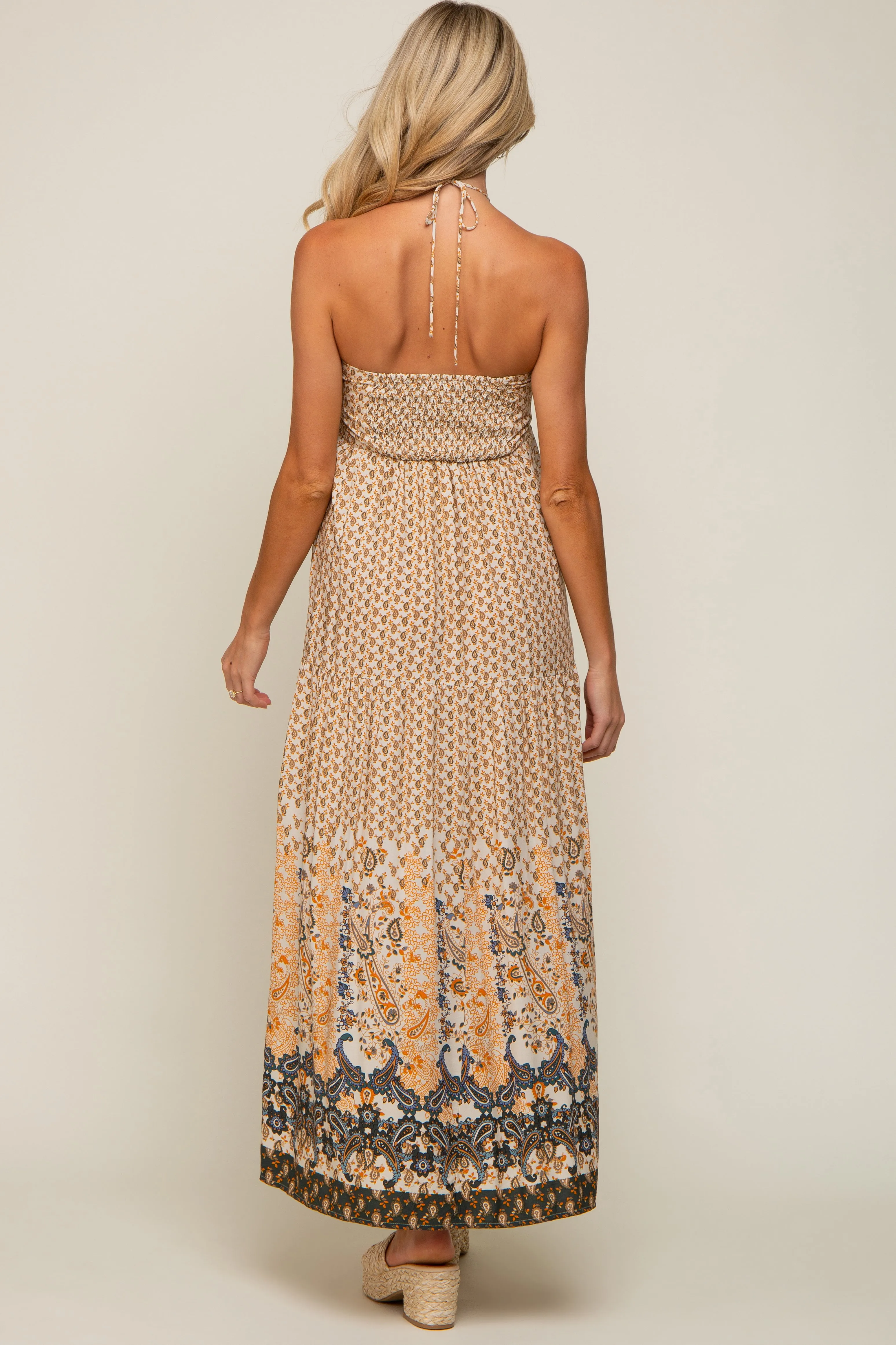 Beige Floral Paisley Halter Maternity Maxi Dress